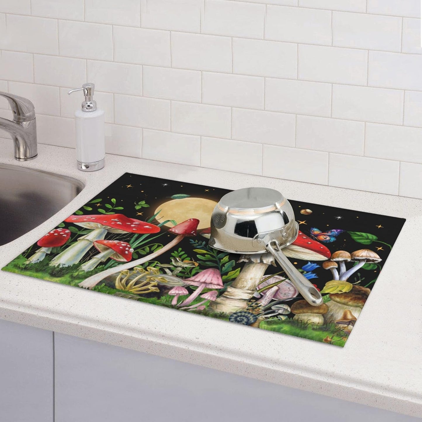 Mushroom Kitchen Drying Mat Witchy Microfiber Dish Drainer Mat for Kitchen Counter Absorbent Reusable Washable 18x24 Inch Black
