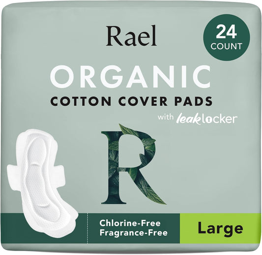 Rael Pads for Women, Organic Cotton Cover - Period Pads with Wings, Feminine Care, Sanitary Napkins, Heavy Absorbency, Unscented (Large, 24 Count)