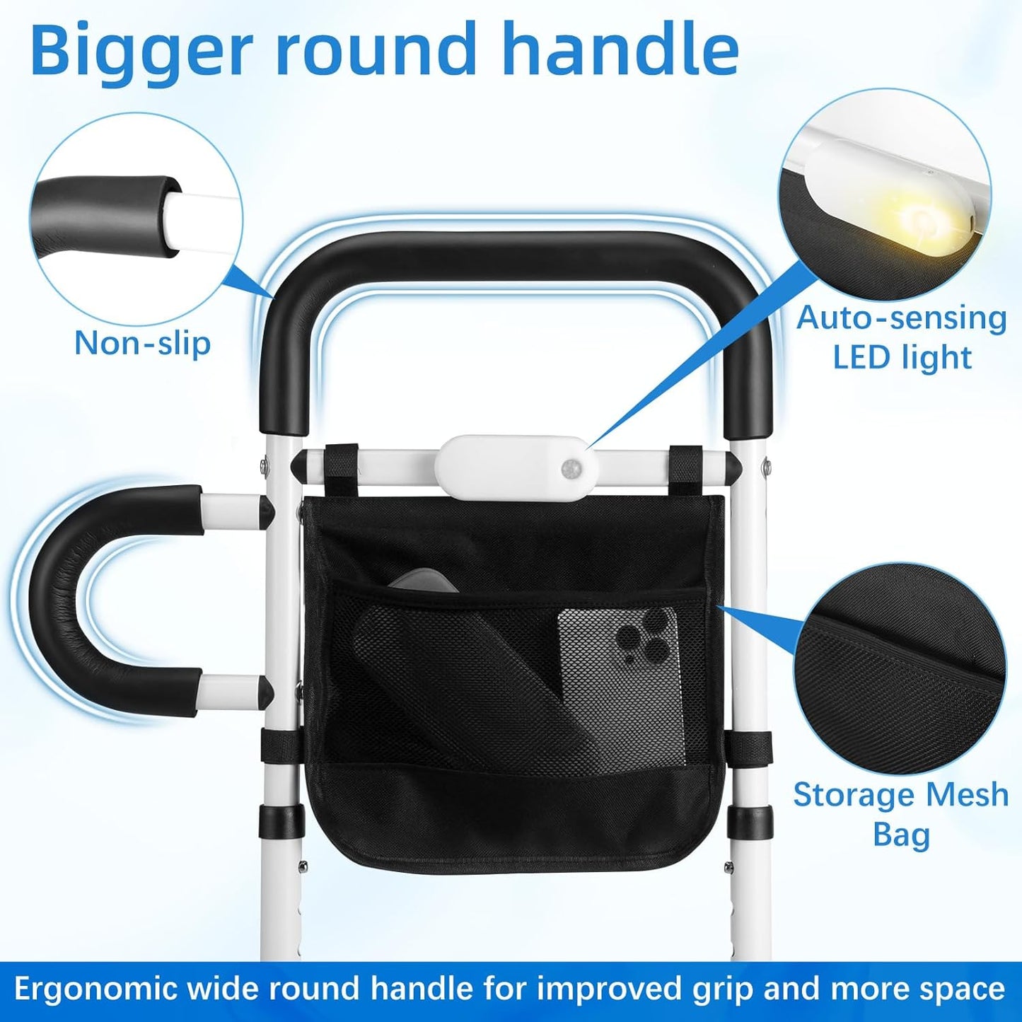 Bed Rails for Elderly Adults Safety; Adjustable Bed Rail with LED Motion Sensor Light, Bed Handle Bedside Assist for Grab Barwith Storage Pouch, Bed Side Rails-Fits Twin Full Queen King Grey