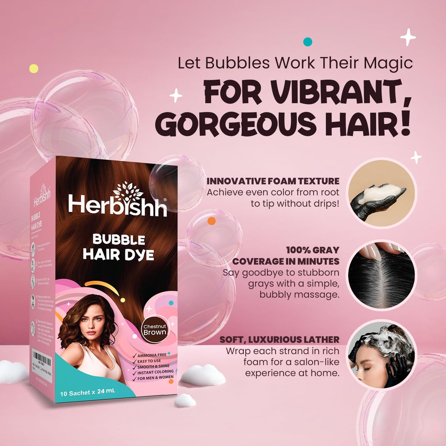 Herbishh Bubble Foam Hair Dye Shampoo, 3 in 1 Dye for 100% Grey Coverage, Permanent Hair Coloring for Men & Women, Long-lasting & Travel-friendly, Ammonia-free, 10 Sachet x 24 ml (Chestnut Brown)