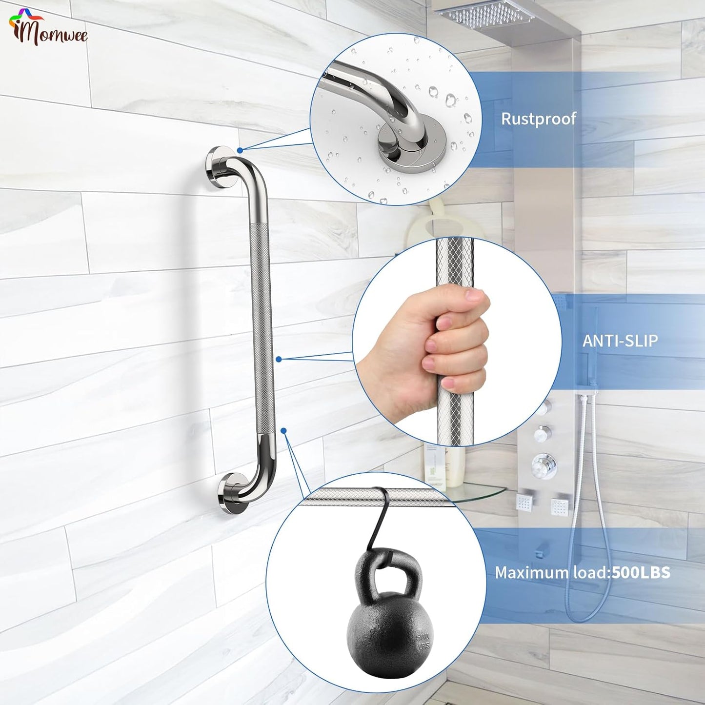 2 Pack 24 Inch Shower Grab Bar with Anti-Slip Grip, iMomwee Chrome Stainless Steel Bathroom Grab Bar Handle, Shower Balance Bar, Safety Hand Rail Support, Handicap Elderly Senior Assist Bath Handle