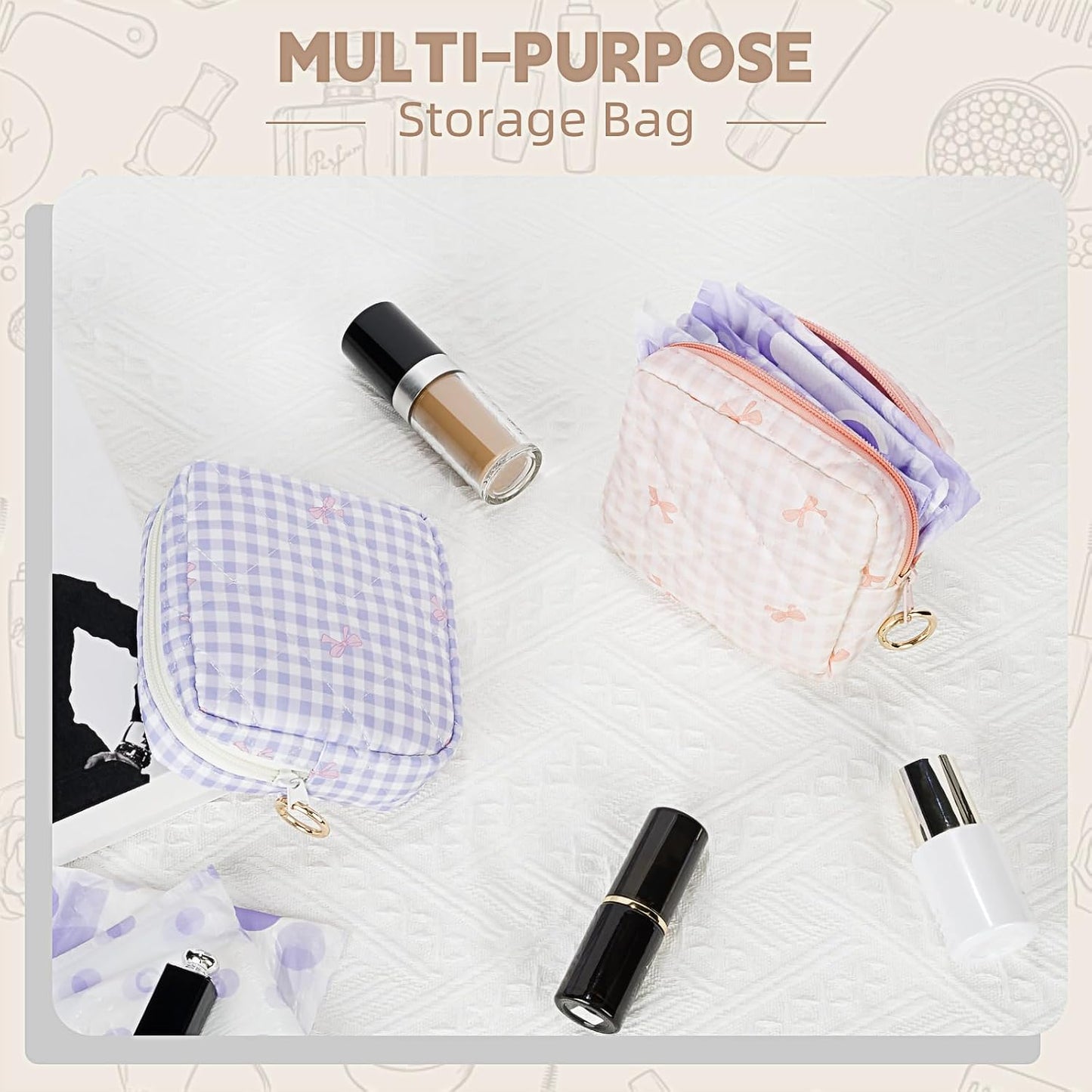 Period Bag for Teen Girls, Quilted Sanitary Napkin Storage Bag, Cute Bow Tie Menstrual Pad Pouch Tampon Holder (Plaid-Purple)