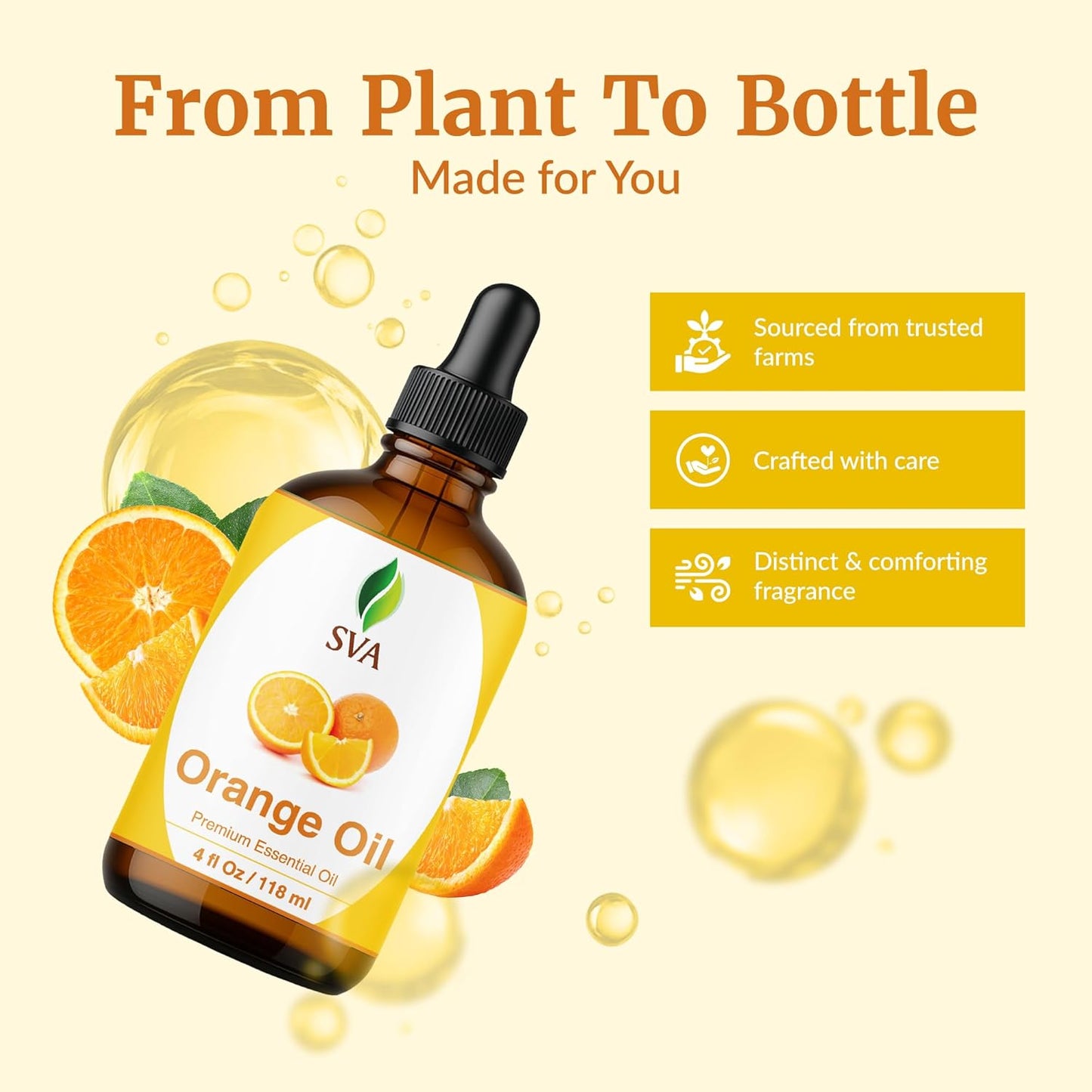 SVA Orange Essential Oil – 4 Fl Oz – 100% Natural Orange Oil - for Diffuser, Hair Care, Face, Skin Care, Aromatherapy, Scalp and Body Massage, Soap and Candle Making - with Dropper