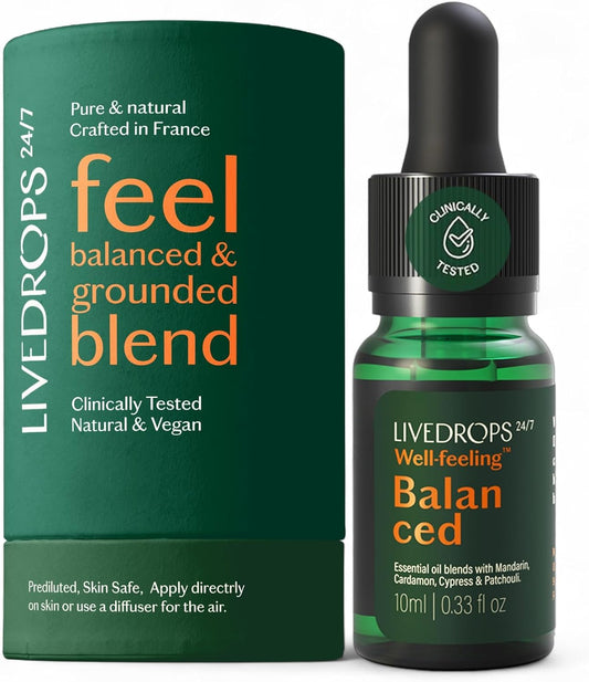 LIVEDROPS 24/7 Balanced Essential Oil Blend Mandarin Cardamom Cypress Patchouli | Aromatherapy for Calm, Harmony & Grounding | Skin-Safe Diffuser Oil | Vegan French Perfumers Clinically Tested 10ml