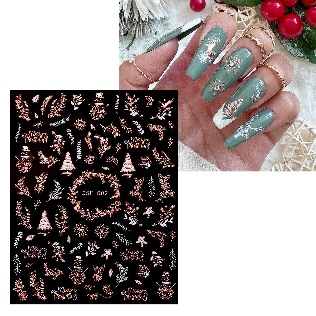 JMEOWIO 9 Sheets Christmas White Glitter Nail Art Stickers Decals Self-Adhesive Snowflake Winter Holiday Rose Gold Nail Supplies Nail Art Design Decoration Accessories