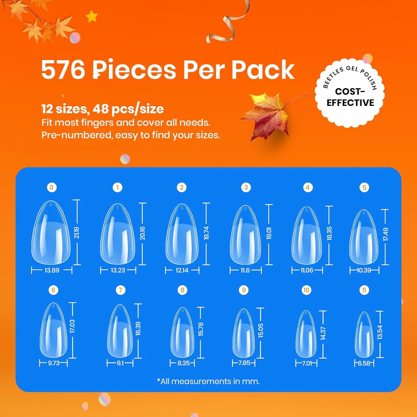 Beetles Gel Nail Tips 576Pcs Pre-shape Short Almond Etch-X Nail Tips,12 Sizes Soft Nail Tips Half Matte False Nails for Fall Nails Full Cover Press On Nail Nail Extensions Set for Women