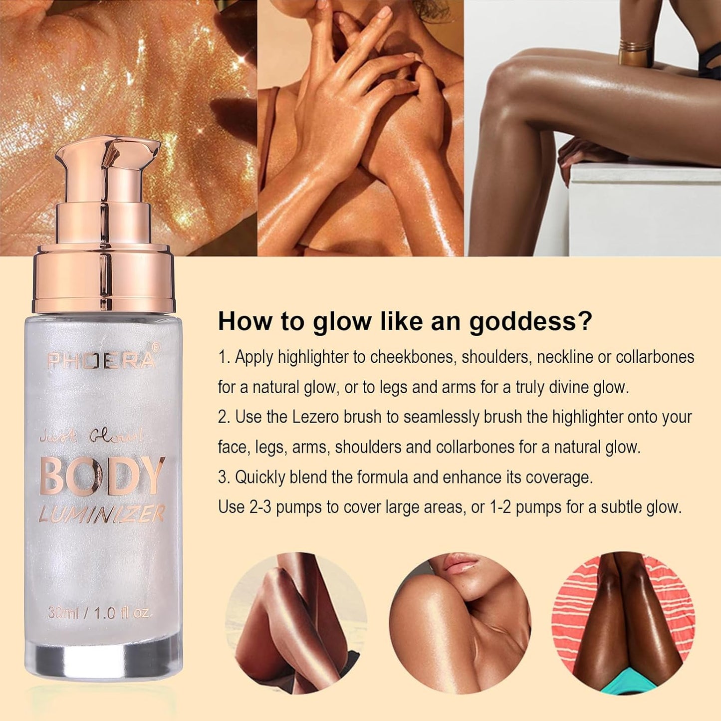 Body Shimmer Oil, Waterproof Long Lasting Moisturizing Bronze Body Luminizer Glow For Face & Body, Liquid Illuminator Body Highlighter 1oz/Jars, Makeup Brush Include (Diamond Platinum #05)