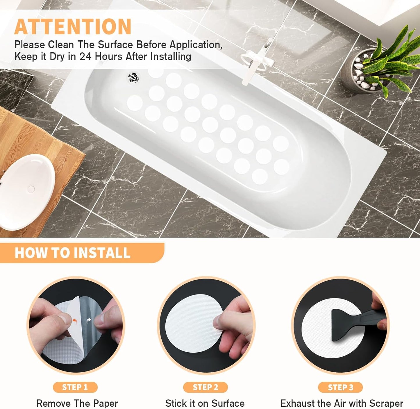 Non Slip Bathtub Stickers, 24 PCS Shower Stickers for Safety Bathroom Tubs, Bathtub Non Slip Stickers and Adhesive Decals Scraper for Bath Tub, Shower Floor, Stairs, Ladders(Round Shape, White)