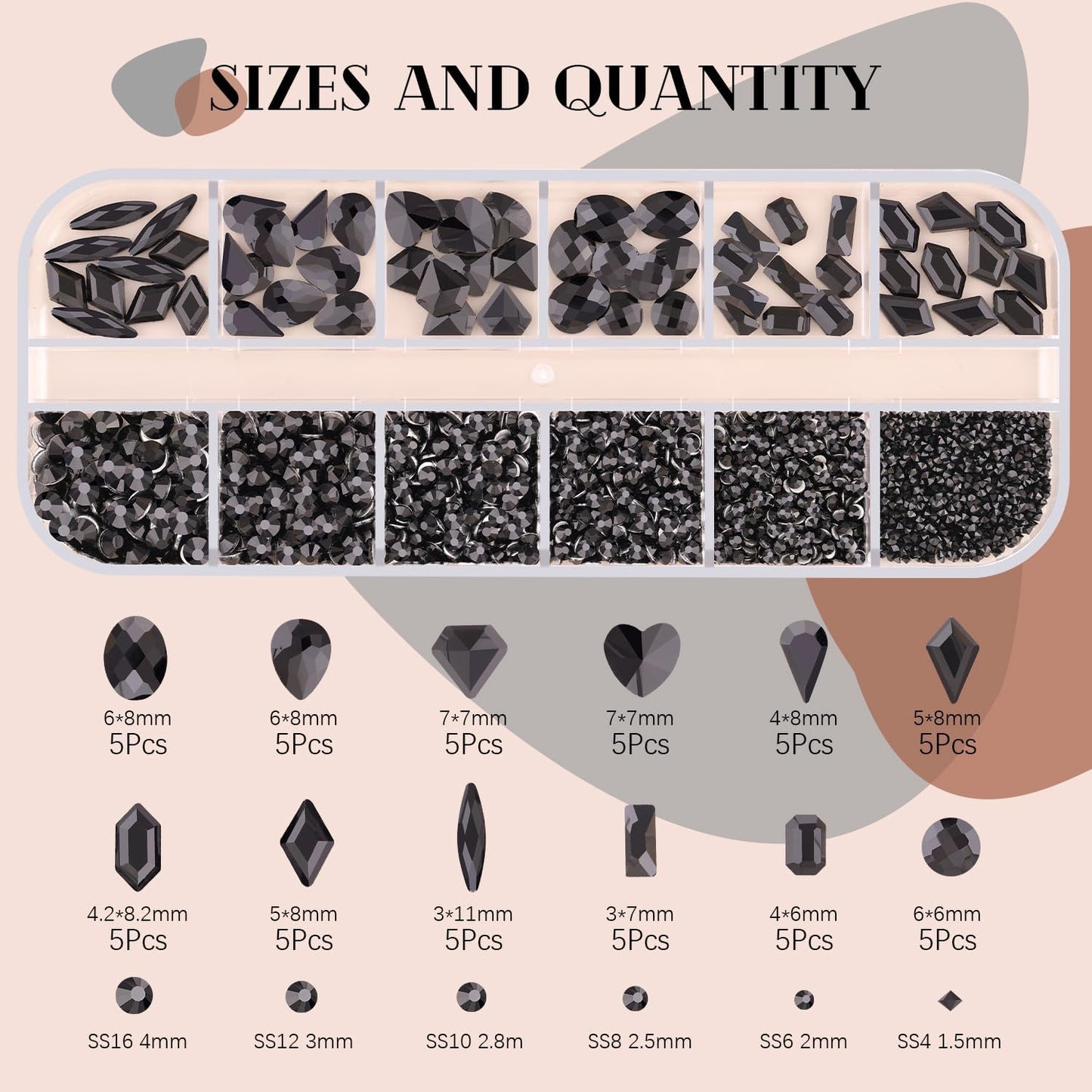 2060Pcs Black Glass Nail Rhinestones 60Pcs Multi Shapes Flatback Nail Gems + 2000Pcs 1.5-4mm Round Crystal, Manicure Nail Charms Diamond Gemstones for Acrylic Nails Decoration