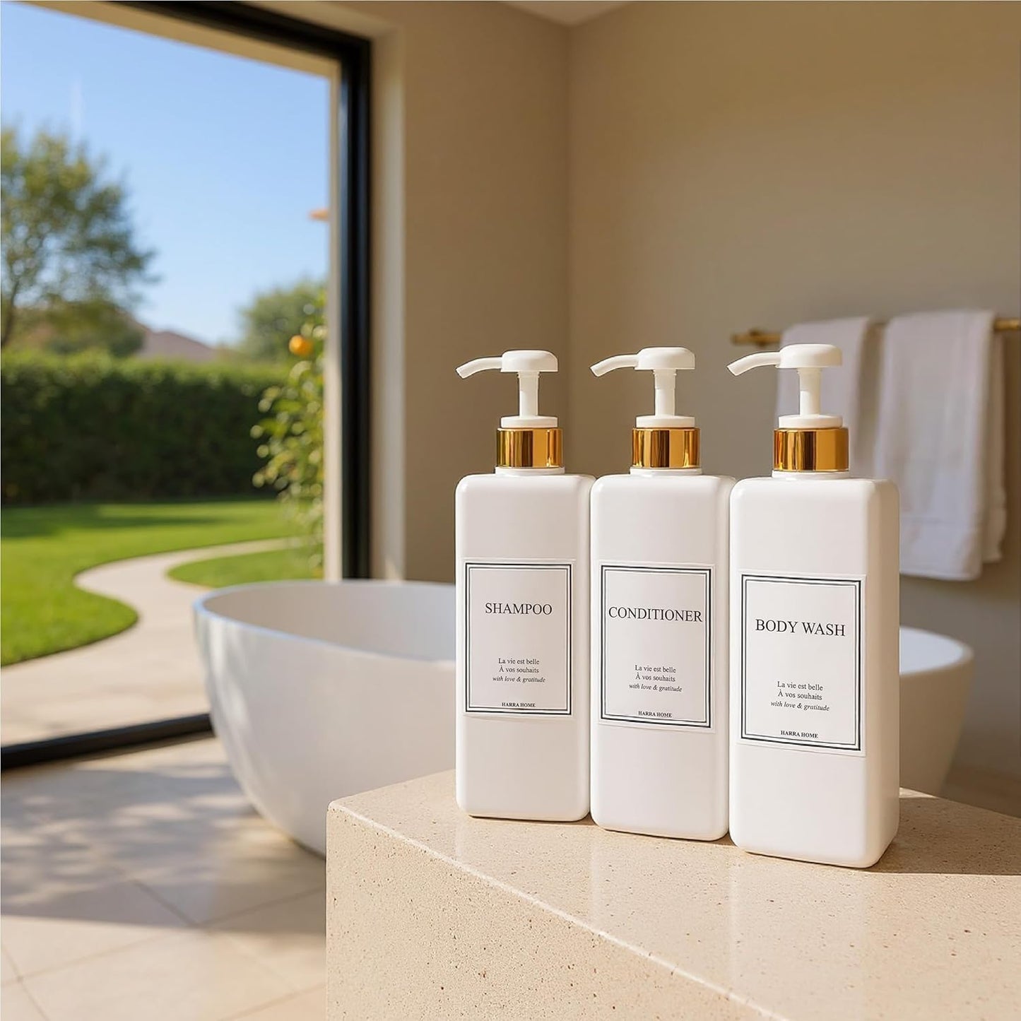 Modern Gold Design Large 27 oz Shampoo and Conditioner Dispensers - Empty Plastic Refillable Pump Bottle Set for Bathroom Shower Soap Dispenser, Set of 3 (White)