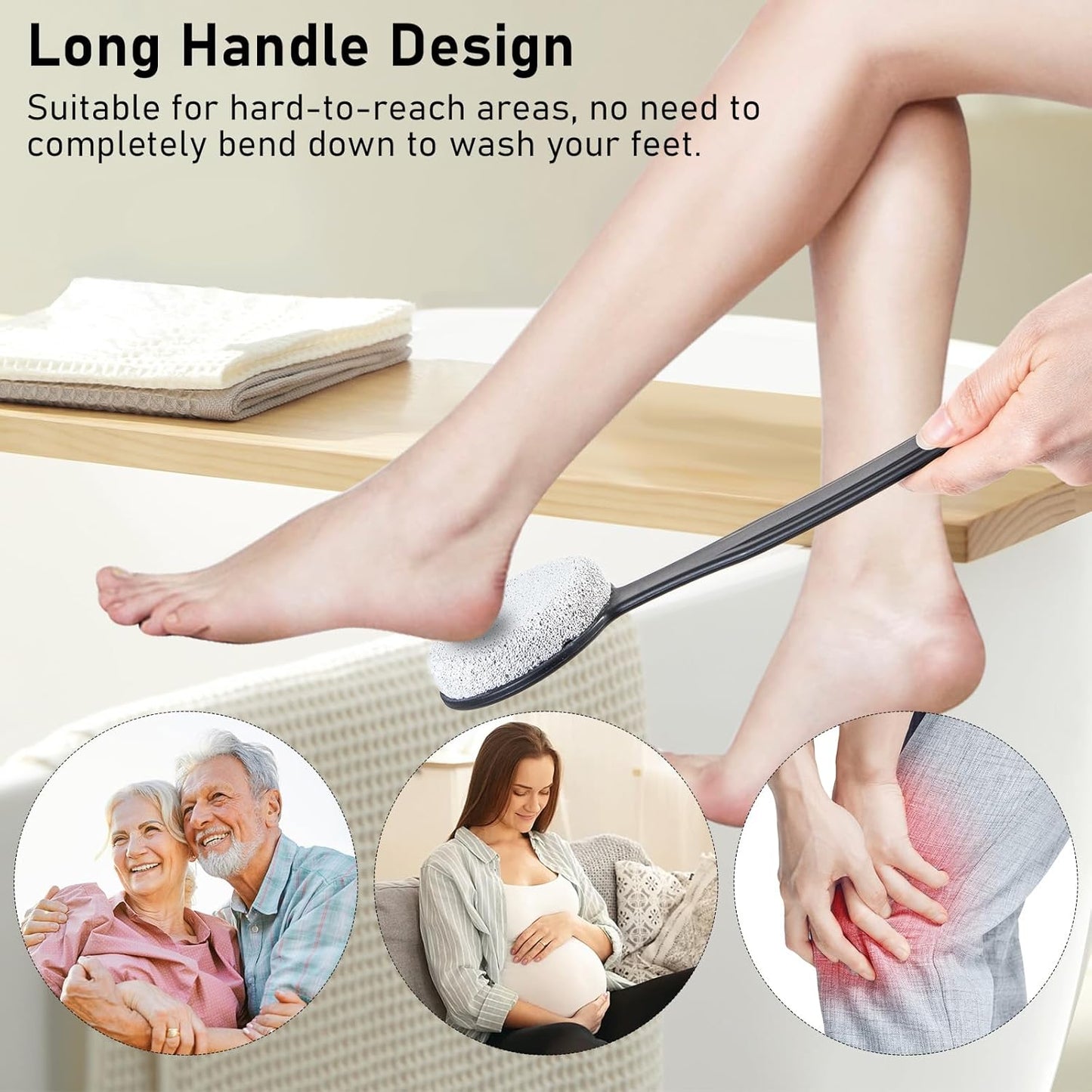 Pumice Stone for Feet with Long Handle (Curved Handle,Black, Count, 1.0)