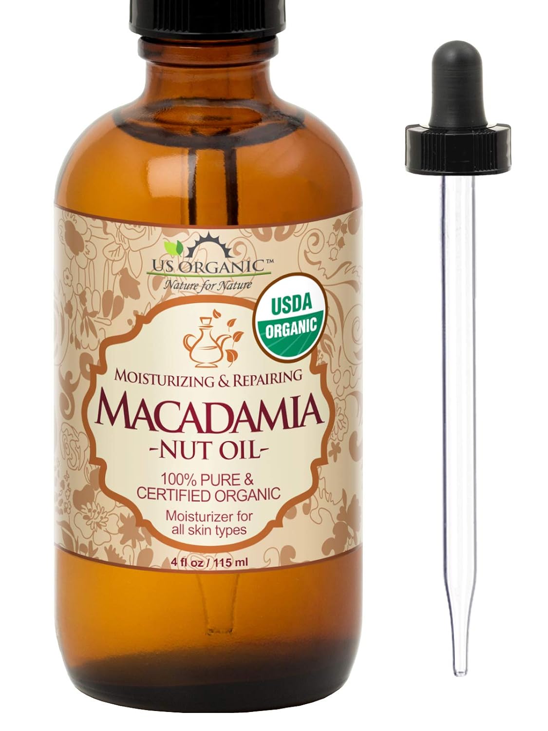 US Organic Macadamia Nut Oil Unrefined Virgin, Certified Organic, Pure & Natural, Cold Pressed, Sourced in Kenya, in Amber Glass Bottle w/Glass Eye dropper for Easy Application (4 oz (Large))