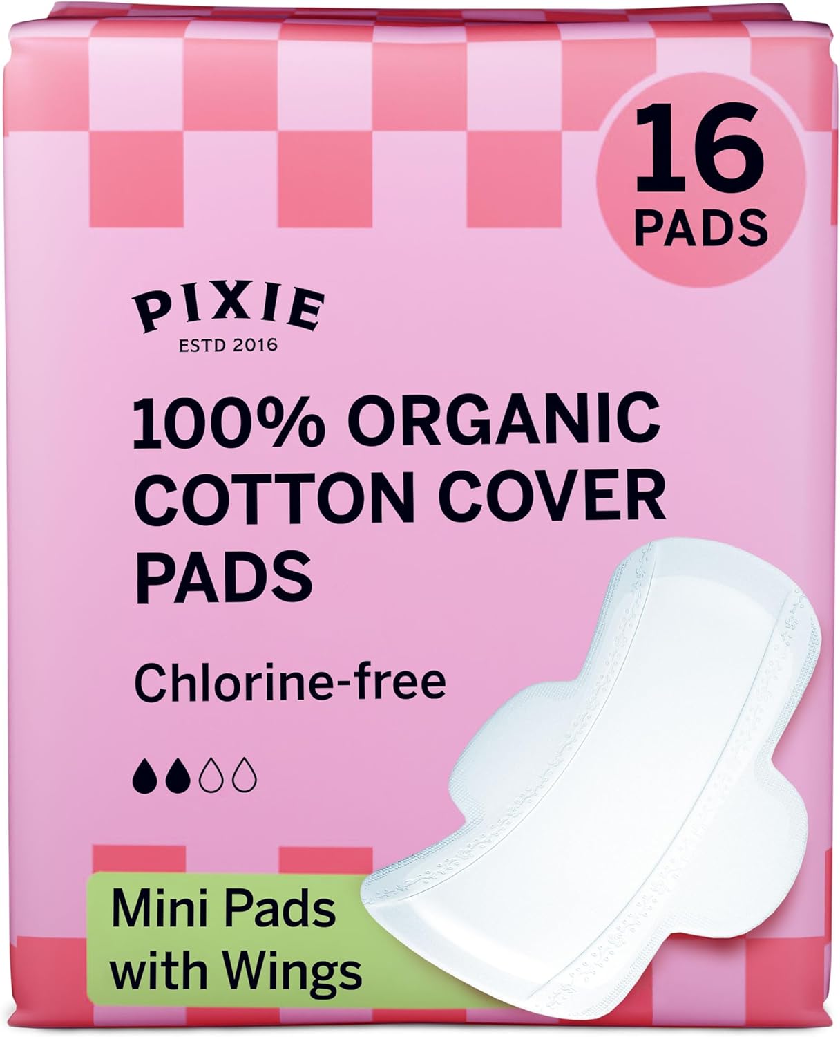 Pixie Organic Cotton Mini Pads with Wings for Women & Teens - Ultra Thin, Light Absorbency Menstrual Pads - Hypoallergenic, Unscented & Biodegradable - 16 Count