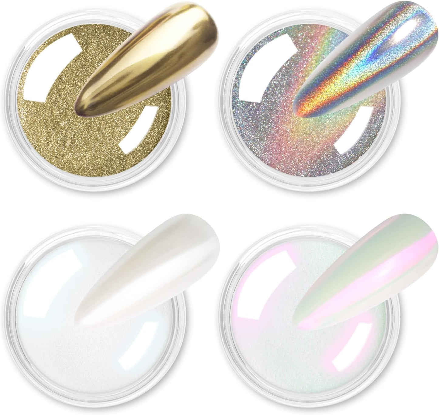 Allstarry Chrome Nail Powder 4pcs White Pearl Chrome Pigment Powder Iridescent Holographic Nail Glitter Dust Metallic Mirror Effect Pigment for Nail Gel Manicure DIY at Home Salon Women Gifts