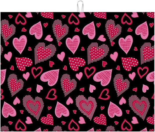 Dish Drying Mat For Kitchen Counter, Pink Love Heart Microfiber Absorbent Dish Drainer Rack Pad Reusable Large 18x24in Drying Mat