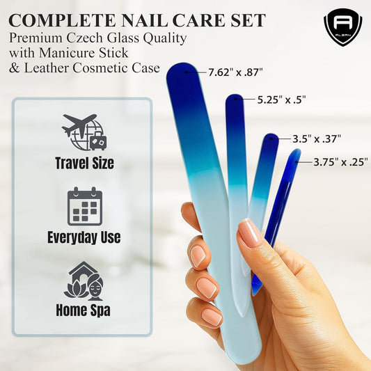 Alban Czech Glass Nail File Set with Manicure Stick & Vegan Leather Cosmetic Case (Royal Blue Nail Files, Royal Manicure Stick & Light Blue Cosmetic Case)