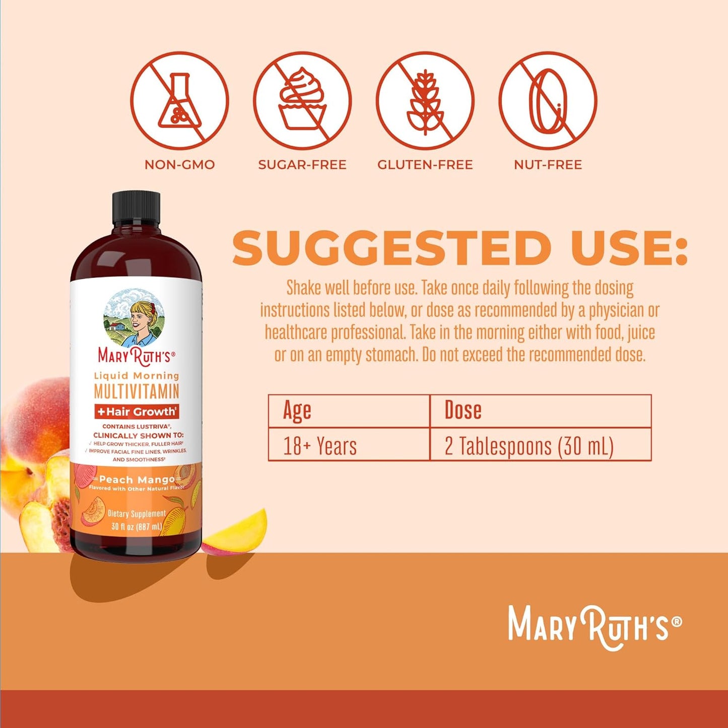 MaryRuth's Liquid Multivitamin + Hair Growth | Clinically Tested for Thicker Hair & Facial Wrinkles in Women | Biotin 10000mcg | Lustriva Hair Growth Supplements | Skin Care | Ages 18+ | 30 Fl Oz