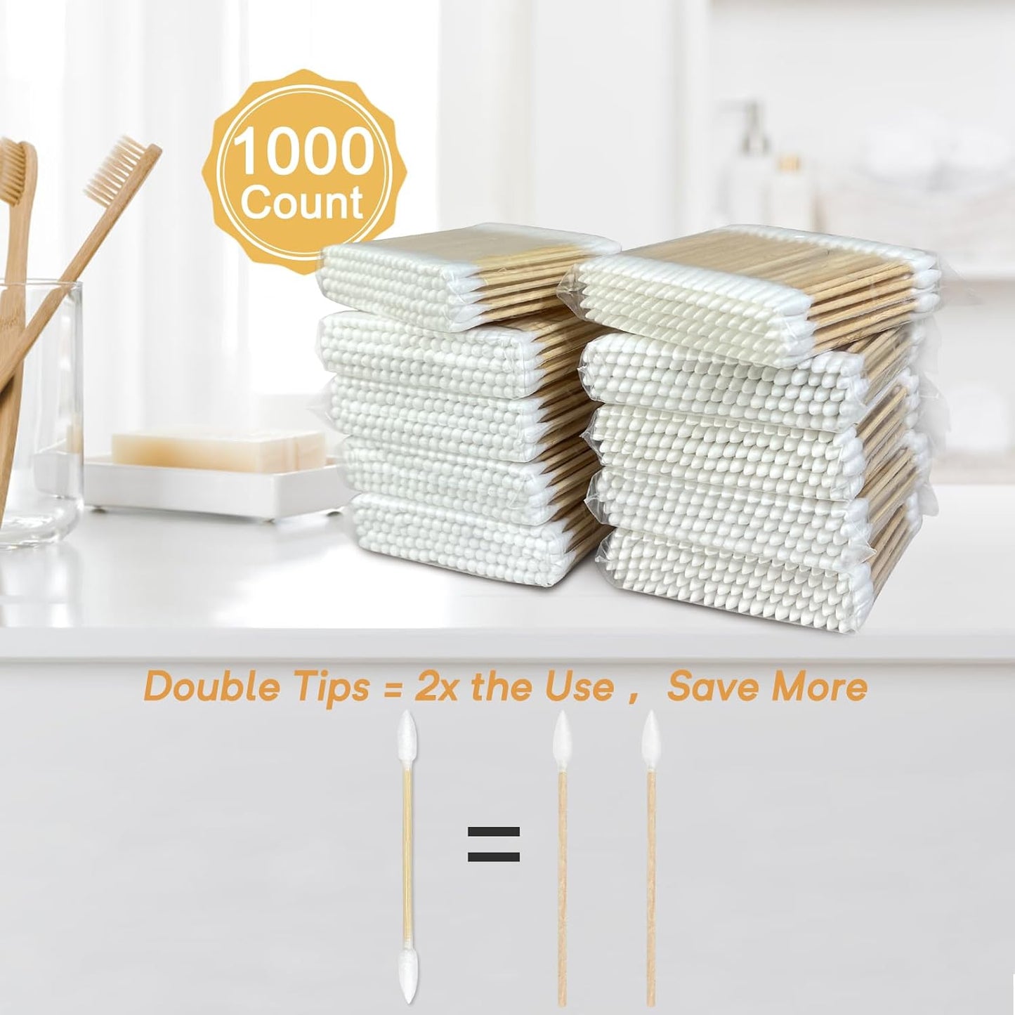 Bamboo Cotton Swabs 1000 Counts in Storage Box, Organic Cotton Buds with Durable Bamboo Sticks, Biodegradable Swabs for Makeup, Ear Care, Cleaning, Pet Grooming, Crafts（Pointed+Round Tips）