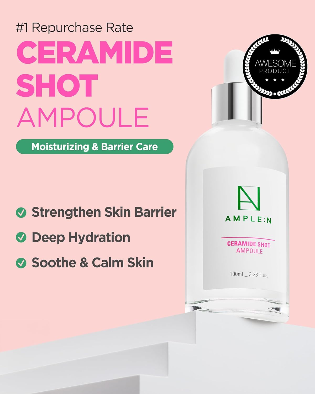 AMPLE:N Ceramide Shot Ampoule – Anti Aging and Hydrating Serum with Ceramide for Deep Moisturization – For Dry & Rough Skin to Reduces Wrinkles & Repairs Skin, 3.38 fl.oz.