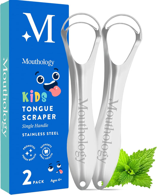 Mouthology Tongue Scraper for Kids (2 Pack), Stainless Steel Tongue Cleaner (Reduce Bad Breath), Metal Tongue Scrubber for Children, Improve Oral Health