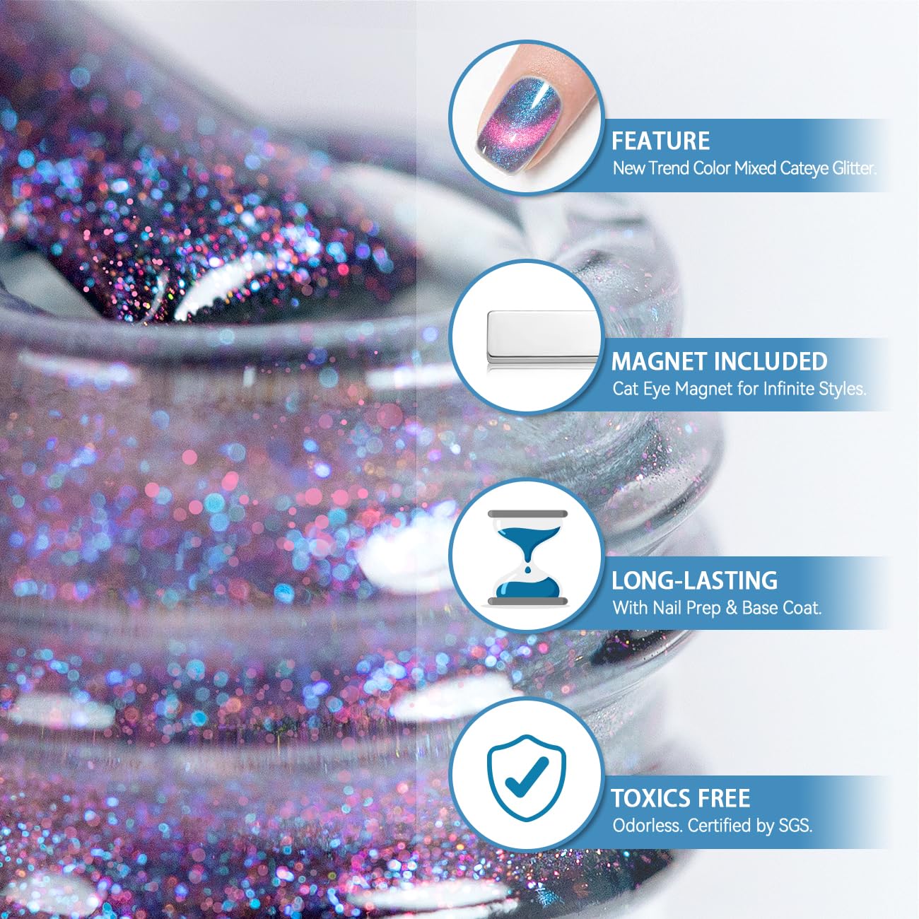 RARJSM Aurora Cat Eye Gel Nail Polish with Magnet Stick Blue Purple Multi Color 9D Diamond Galaxy Cateye Gel Polish Chunky Shimmer UV LED Curing Requires Soak Off for Home Salon Manicure 15ml