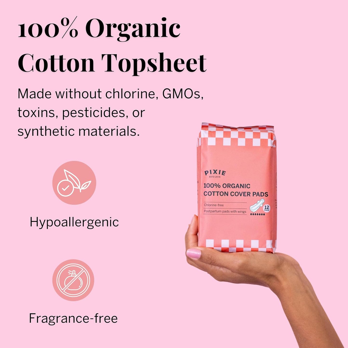 Pixie Cup Organic Cotton Postpartum Pads for Women - Extra Heavy Absorbency with Wings - Leak-Proof, Hypoallergenic & Unscented - Compostable, Biodegradable - 24 Count