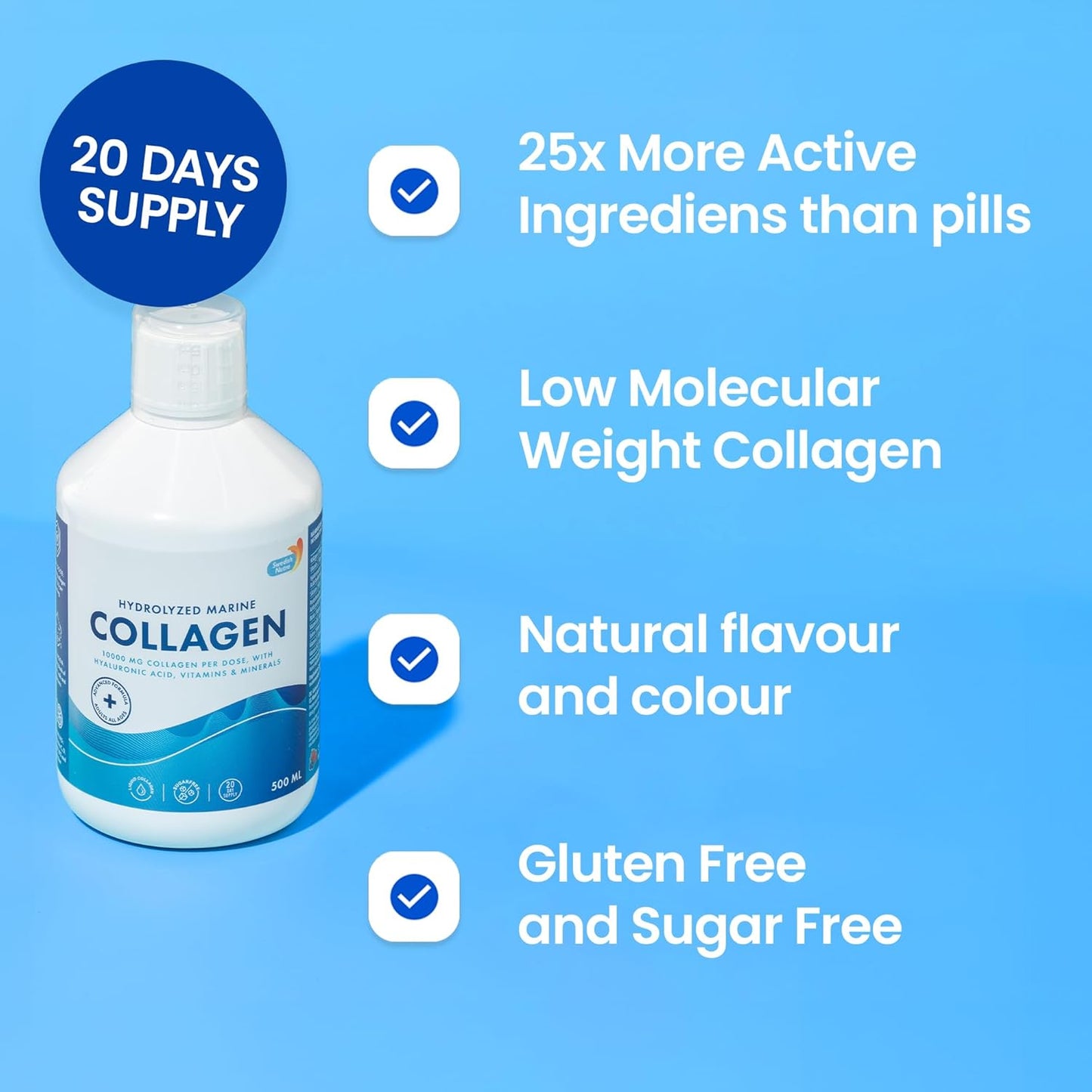 Swedish Nutra - Liquid Marine Collagen 10,000mg - 3 Packs of 500ml I Hydrolyzed Collagen Peptides (Type I & III) I Hyaluronic Acid, Biotin, Vitamin C - 60 Day Supply