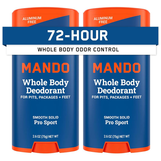 Mando Whole Body Deodorant For Men - Smooth Solid Stick - 72 Hour Odor Control - Aluminum Free, Baking Soda Free, Skin Safe - 2.6 ounce (Pack of 2) - Pro Sport