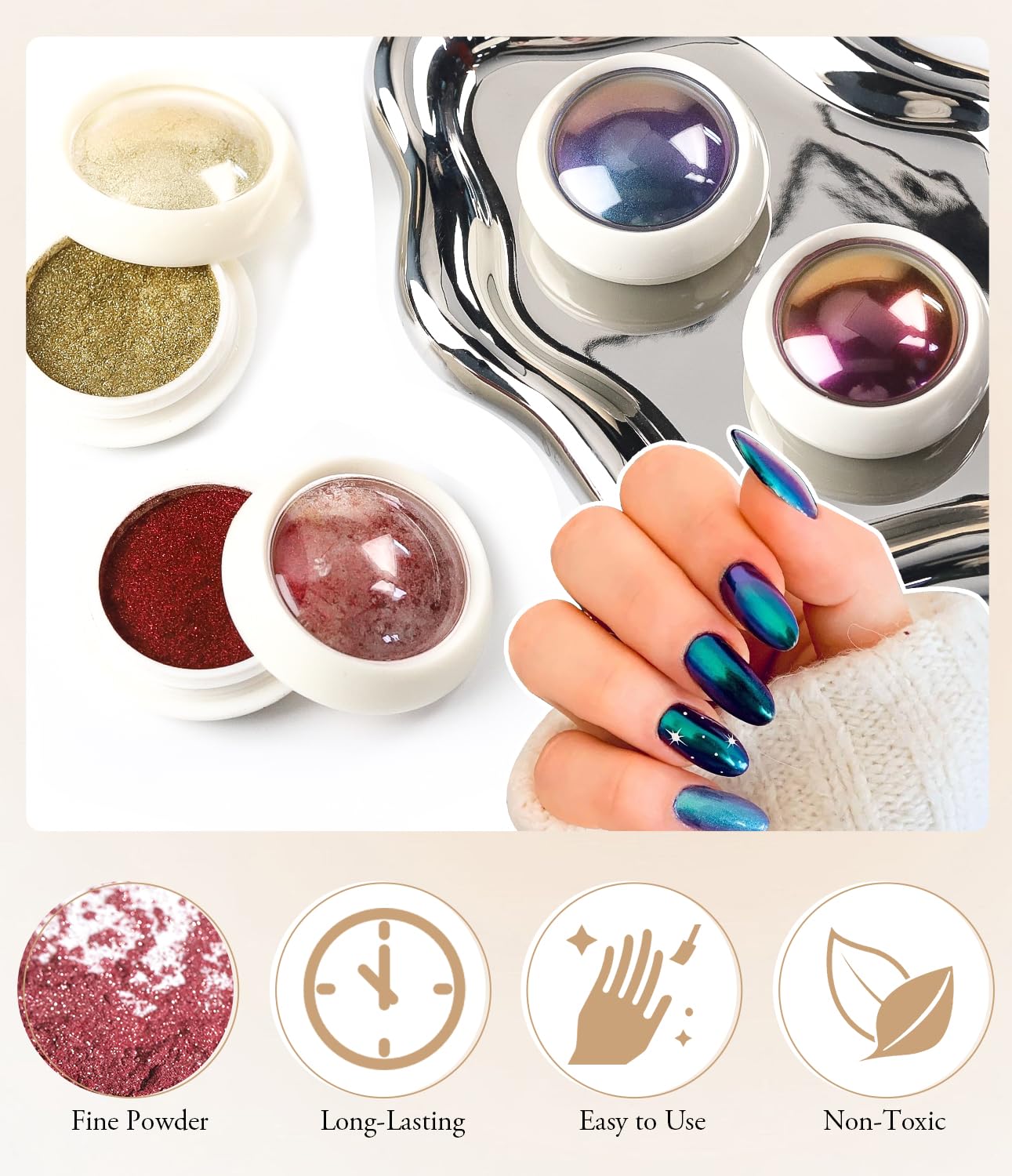 24Pcs Chrome Nail Powder - Metallic Mirror Effect Holographic Aurora Iridescent Pearlescent Nail Chrome Powder for Gel Nails DIY Manicure Nail Art Decoration Gift for Women