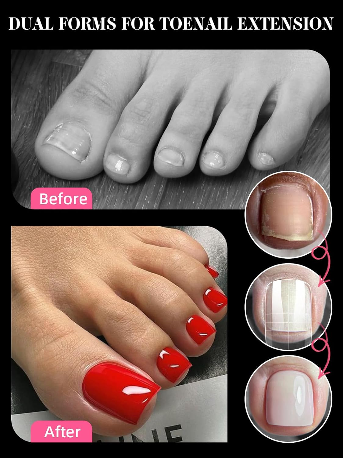 EBANKU Poly Gel Nail Forms Kit for Toes - 150PCS Reusable Dual Toenail Forms for Builder Gel, Toe Nail Kit with 2.5oz Slip Solution, Brush, File, 5PCS Clips - 15 Sizes