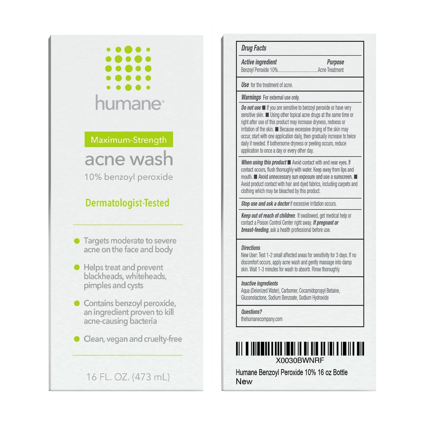 humane Benzoyl Peroxide Acne Body Wash - 10% Maximum-Strength Face, Skin, Butt, and Back Acne Treatment - 16 Fl Oz - Dermatologist-Tested Non-Foaming Acne Face Wash Cleanser - Vegan, Cruelty-Free