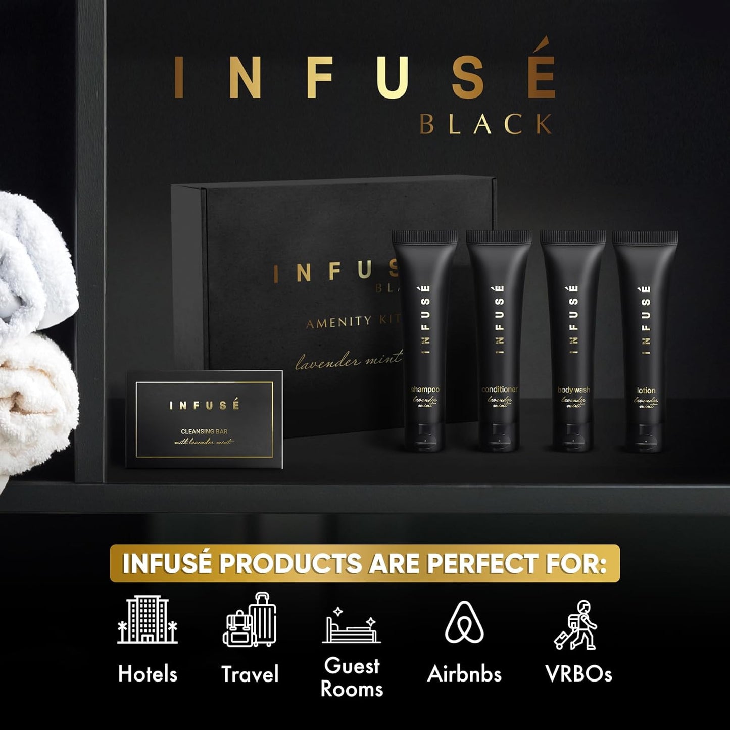Infuse Black Amenity Kit | Boxed Hotel Toiletries | Bulk Set 1 oz Travel Size Shampoo, Conditioner, Lotion, Body Wash & Cleansing Bar for Guest Hospitality AirBnB/Vacation Rentals | 1 set per case
