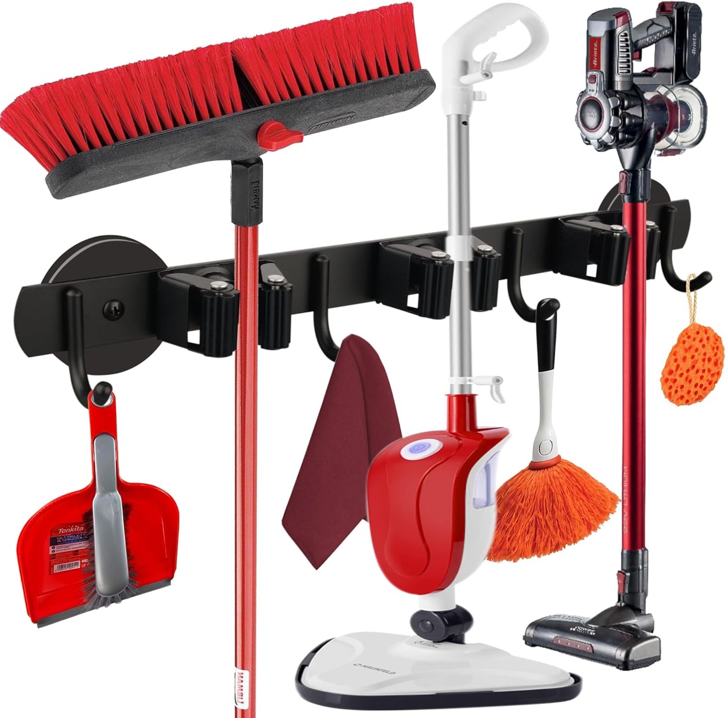 ULIBERMAGNET Magnetic Mop Broom Holder,Heavy Duty Movable Magnetic Broom Holder Rack,Anti-slip Wall Mounted Utility Storage Mop Shovel Hanger for Garage, Kitchen, Laundry, Garden(3 Racks / 4 Hooks)