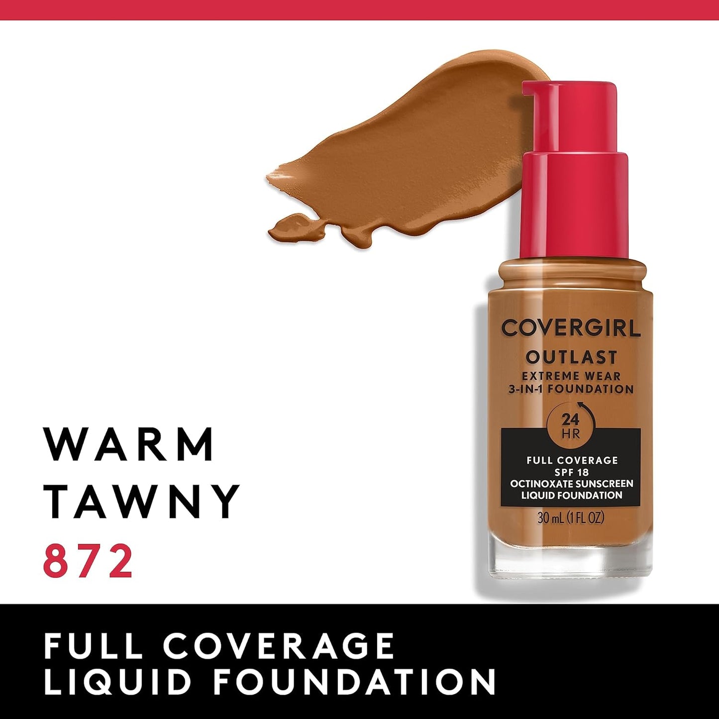 Covergirl Outlast Extreme Wear 3-in-1 Full Coverage Liquid Foundation, SPF 18 Sunscreen, Warm Tawny, 1 Fl. Oz.
