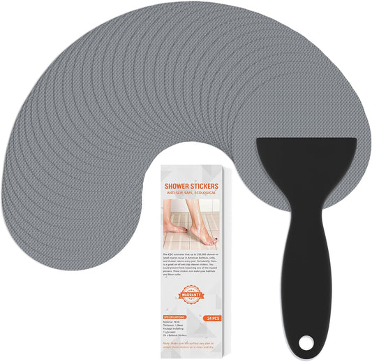 Non Slip Bathtub Stickers, 24 PCS Shower Stickers for Safety Bathroom Tubs, Bathtub Non Slip Stickers and Adhesive Decals Scraper for Bath Tub, Shower Floor, Stairs, Ladders(Round Shape, Grey)