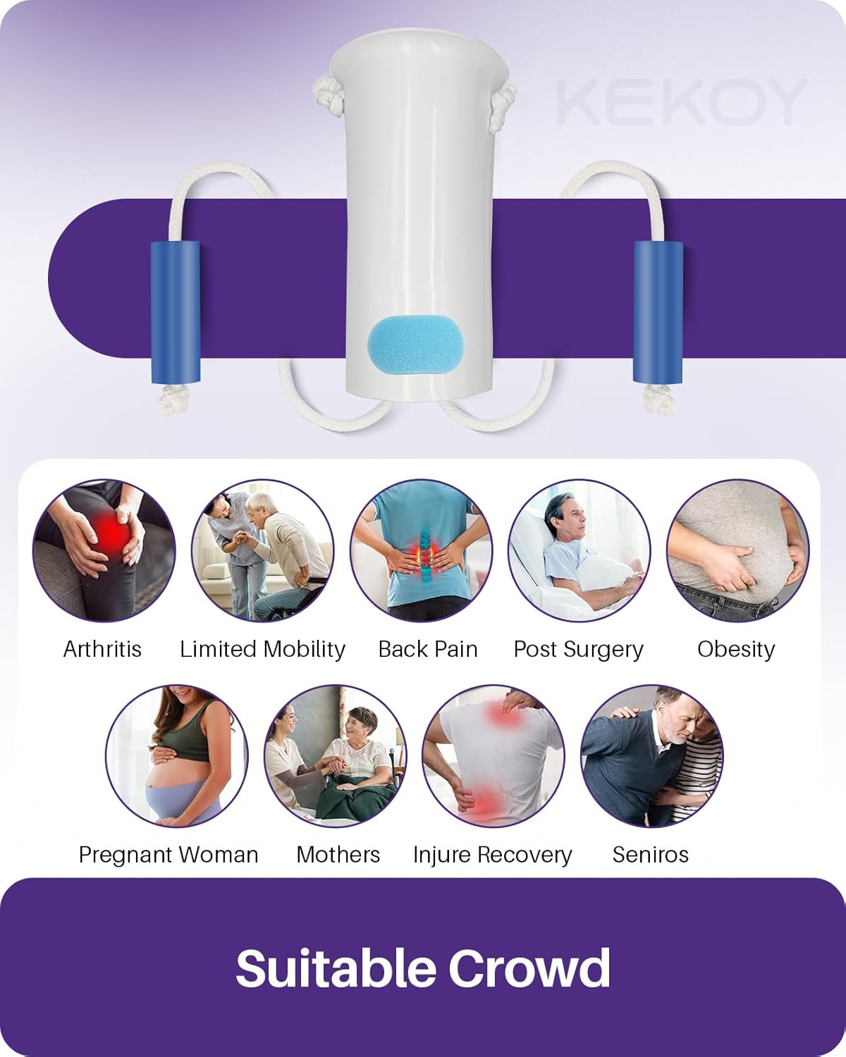 KEKOY 4INCH Sock Aid for Putting on Socks, Sock Assistant Device No Bending with Foam Handles & Long Rope, Sock Helper/Puller Aid Easy Put on for Seniors, Disabled, After Surgery Recovery(White)