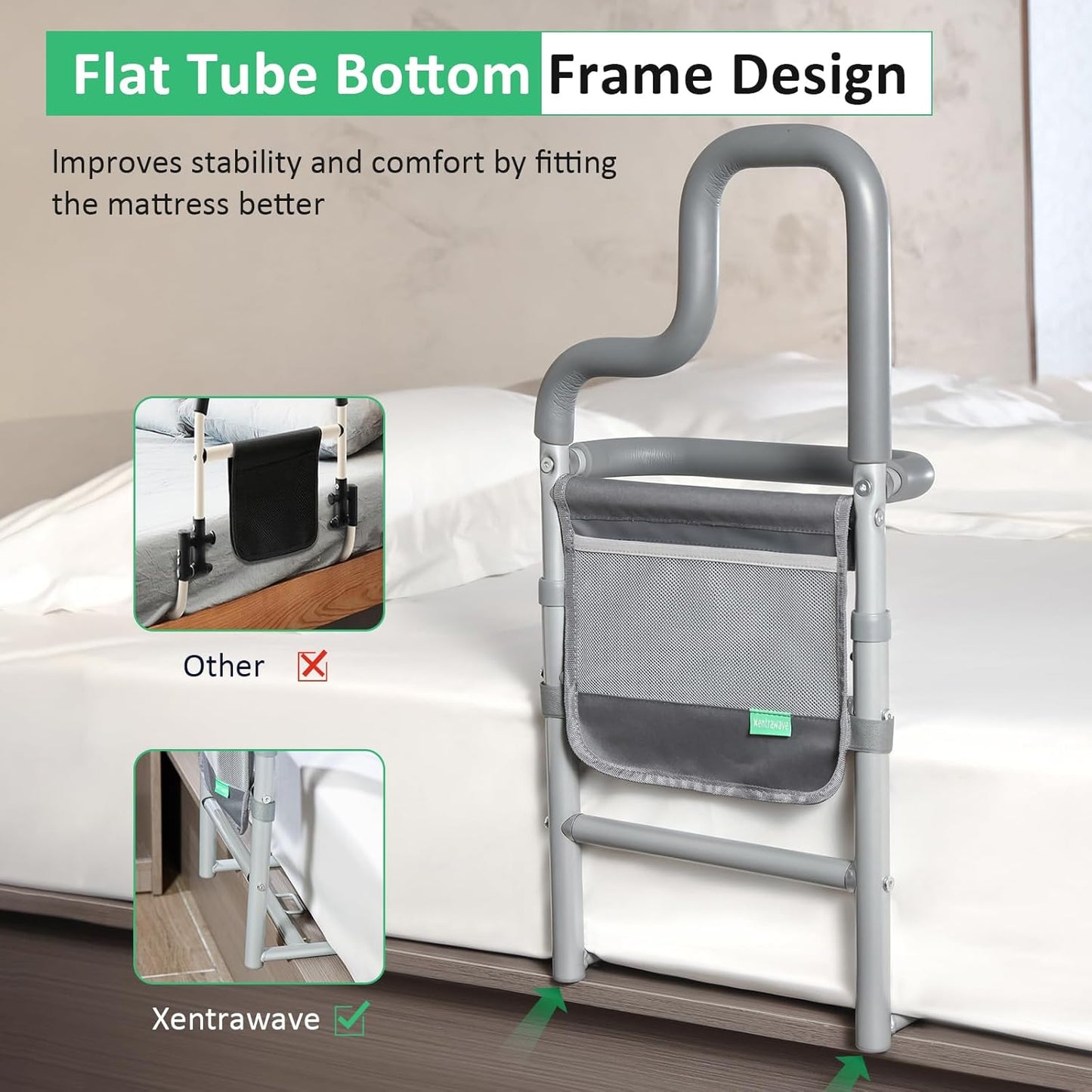 Dual Bar Bed Rail for Elderly Adults Safety with Storage Pocket, Bed Assist Rail for Seniors for Easily Getting in & Out of Bed, Bed Rails Fits King, Queen, Full, Twin Bed - Grey