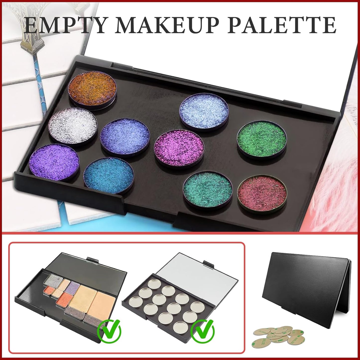Magnetic Makeup Palette Empty with Mirror - Professional Empty Makeup Palette and Strong Magnetic Base - DIY Cosmetics Storage Box for Eyeshadow, Blush, Lipstick - Compact & Portable Design.