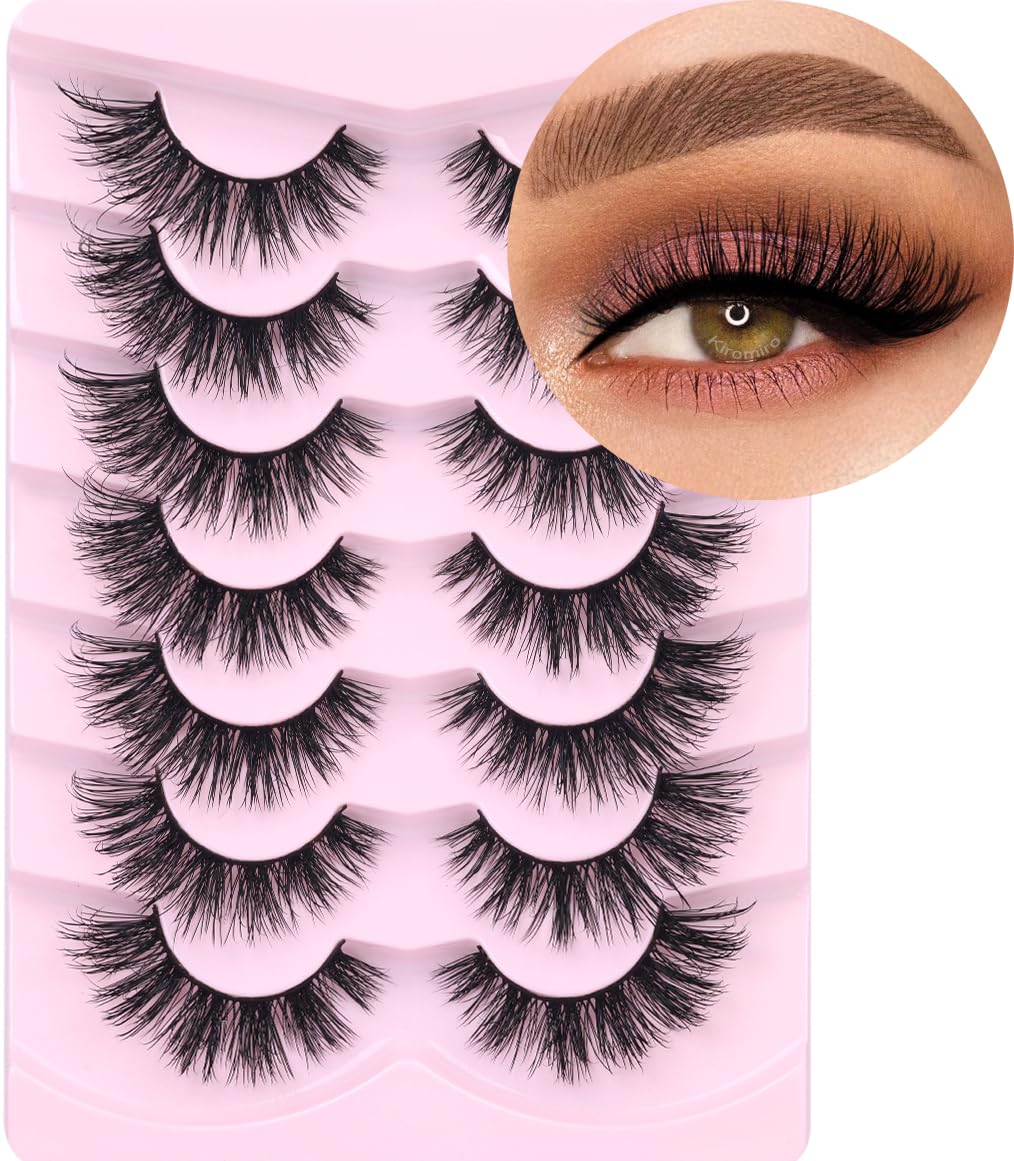 Mink Lashes False Eyelashes Natural Look Wispy Cat Eye Flat Lashes 3D Mink Lashes Natural Fake Lashes 18mm Strip Lashes Pack 7 Pairs