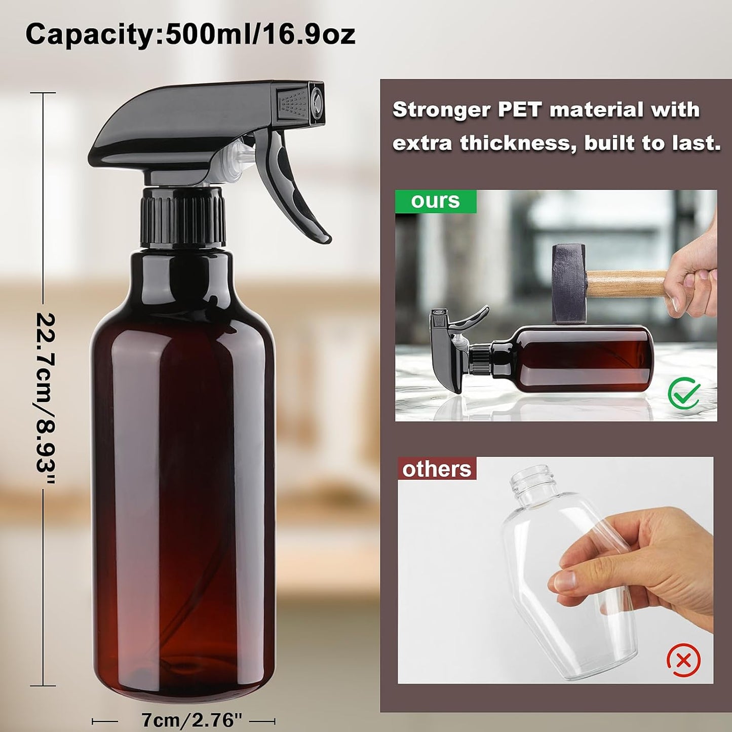 Spray Bottles Plastic Spray Bottle for Hair Mist/Stream Heavy Duty Empty Spray Bottles for Cleaning Solutions, Plants, Cooking (16.9oz-Brown+nozzle)