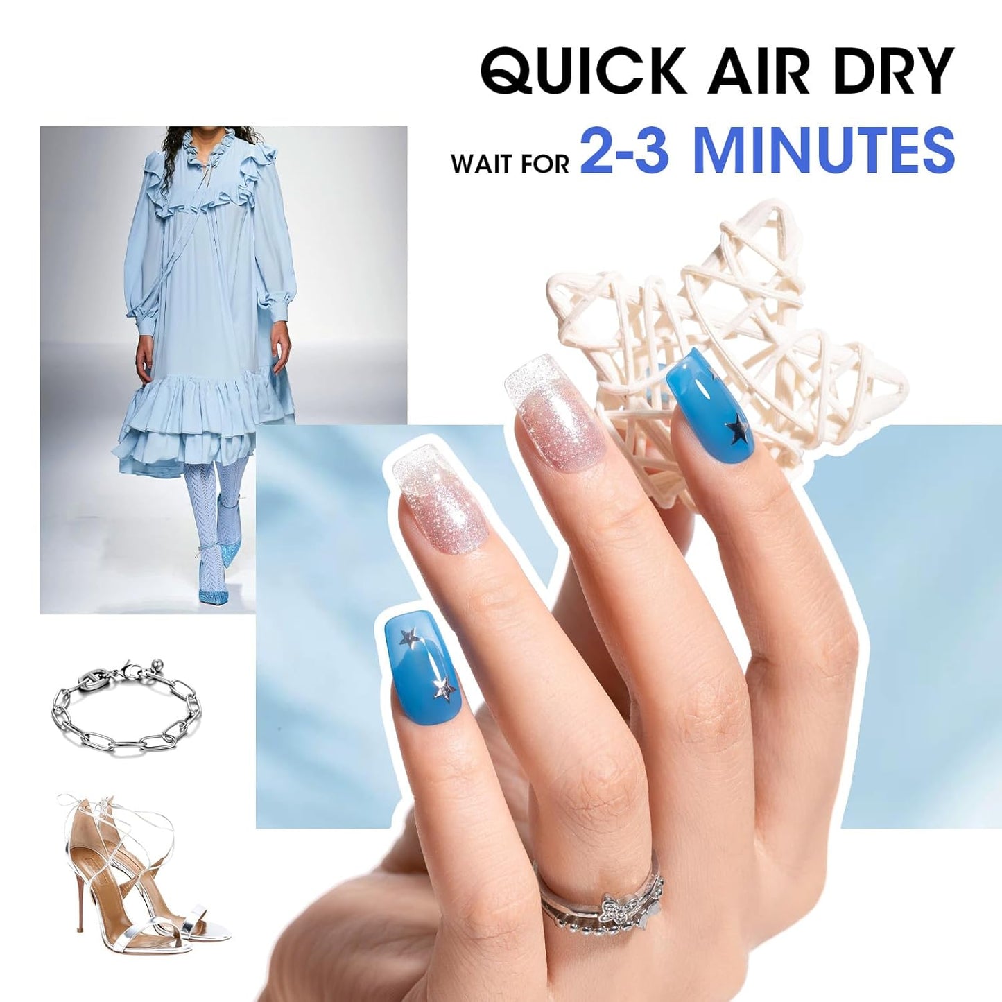 Gellen Blue Jelly Nail Polish, Sheer Nail Polish Quick Dry Summer 6 Colors Blue Glitter Set, Natural Traditional Regular Nails Polish for Acrylic Natural Nails Home Salon, No Gel, Hema Free, Non-toxic