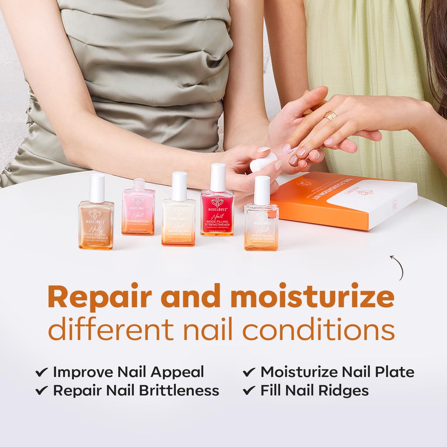 modelones Nail Strengthener, 8-in-One Nail Ridge Filler Base Coat Nail Polish Repair Nail Growth Treatment for Thin and Damaged Nails, Sparkling Champagne, 15ml