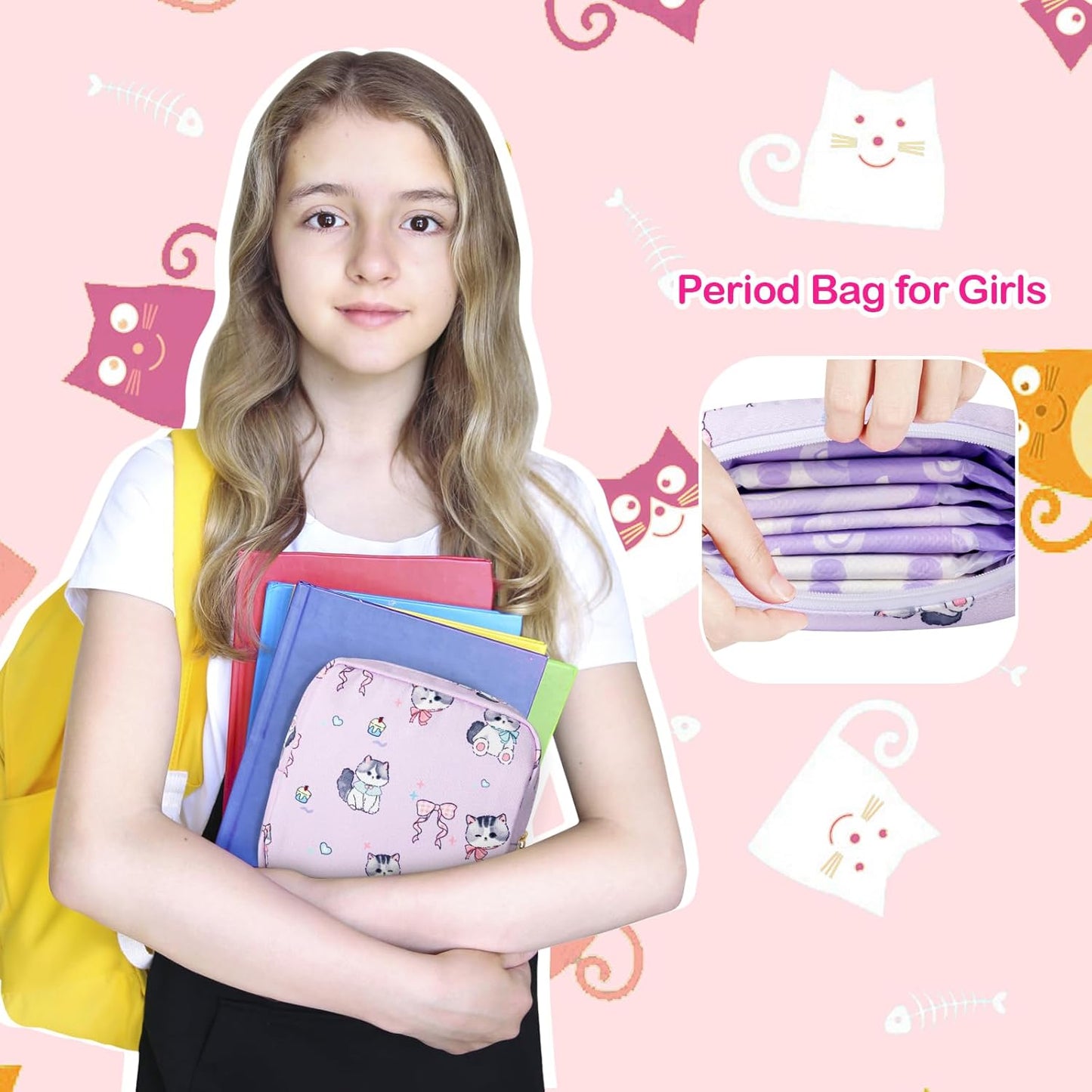 Tampon Holder for Purse, Canvas Period Bag Sanitary Napkin Storage Bag for Girls Womens, Portable Feminine Emergency Pad Period Pouch(Kitten Grass)