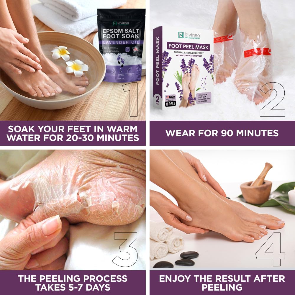 Lavinso Lavender Foot Exfoliator Peeling Mask for Dry Cracked Feet - 4 Pack - Remove Dead Skin and Callus - Foot Peel Mask for Baby Soft Feet