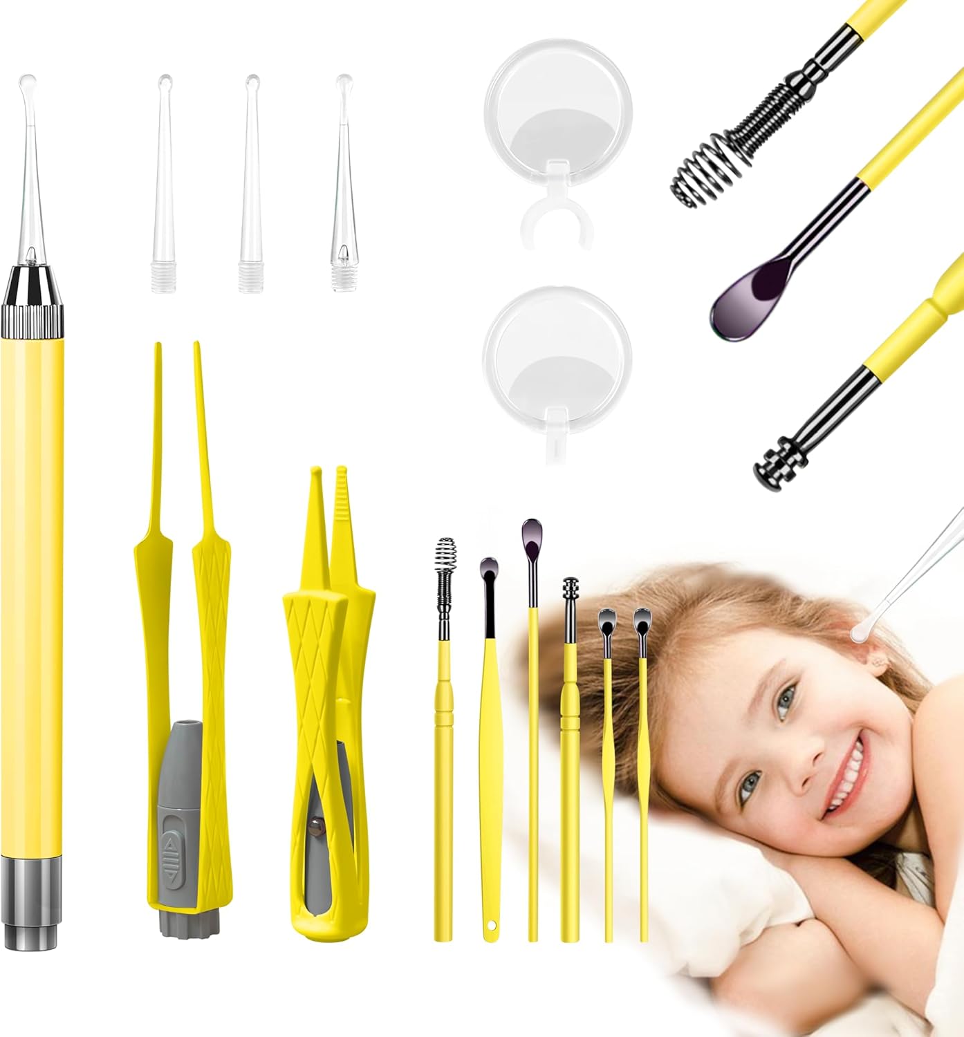 15 Pack Ear Wax Removal Tool Kit with Light - LED Ear Cleaning Kit, Ear Wax Removal for Kids and Adults, Ear Cleaning Tool, Ear Picker Spoon & Ear Tweezers & Spiral Spring Ear Spoon Yellow
