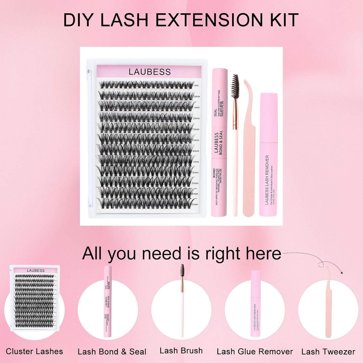 Lash Clusters Kit LAUBESS DIY Lash Extension Kit Lash Bond and Seal Waterproof Lash Glue Remover Tweezers Brush Cluster Eyelash Extensions Kit Eyelash Clusters (Kit 40D-C-Mix9-16)