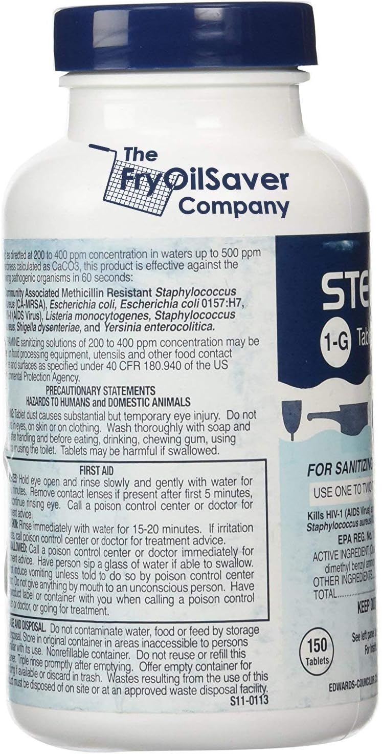 2 Bottles Steramine Sanitizer Tablets - 15x QT-10 Test Strip - Multi Purpose Steramine Sanitizing Tablets for Food Contact Surface in Kitchen, Restaurant & Food Service by FryOilSaver Co. (300 Count)