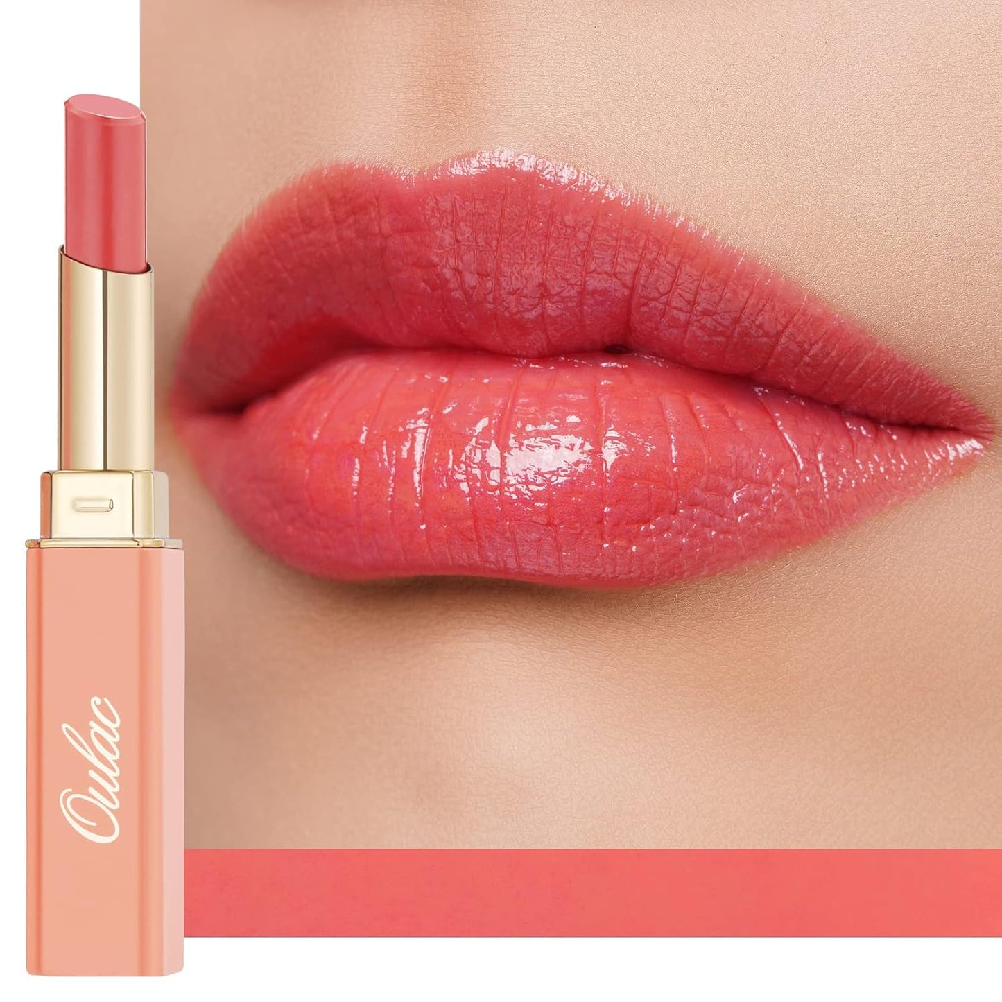 Oulac Coral Peach Red Lipstick for Women - Moisturizing Lip Stick Red, Glossy Tinted Lip Balm, Sheer Shine Juicy Finish, Lightweight and Hydrating Formula for Dry Lip Care, Vegan 2.2g/0.07oz (04)