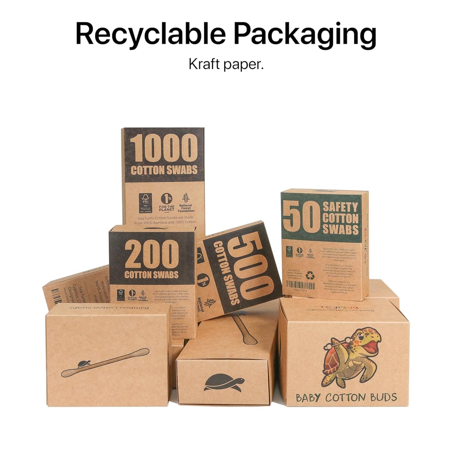 Sea Turtle Bamboo Cotton Swabs (500 Count) - Vegan, Eco Friendly, Organic, Double Tips, Plastic Free Wooden Ear Sticks, All Natural 100% Biodegradable Cotton Buds