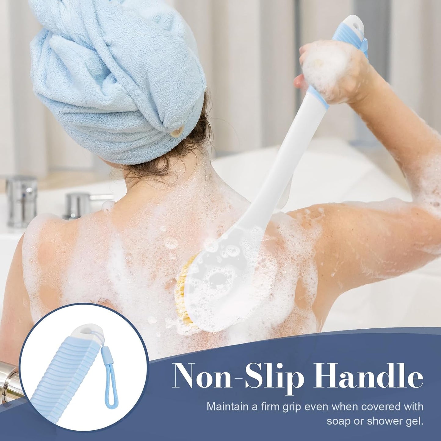 Back Scrubber for Shower, Shower Body Brush for Cleaning with Long Handle for Showering, 17 Inch Back Washer Exfoliator for Shower Men Women with Non-Slip Handle, Adhesive Hook (Lake Blue)